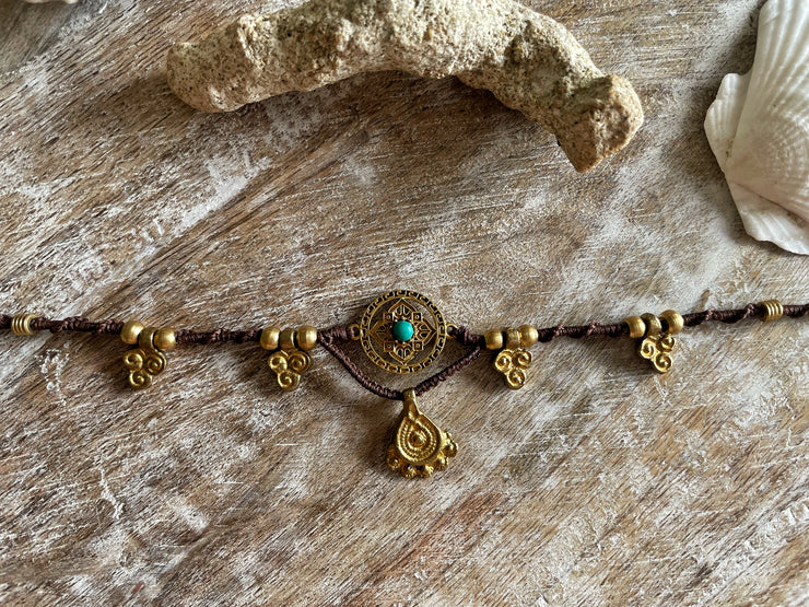 Turquoise and Brass Macrame Anklet