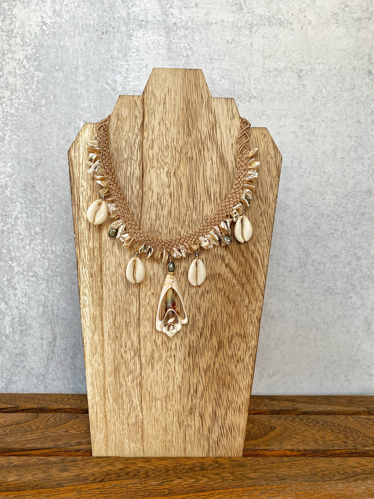 Conch Cowrie and Fresh Water Pearl Macrame Necklace