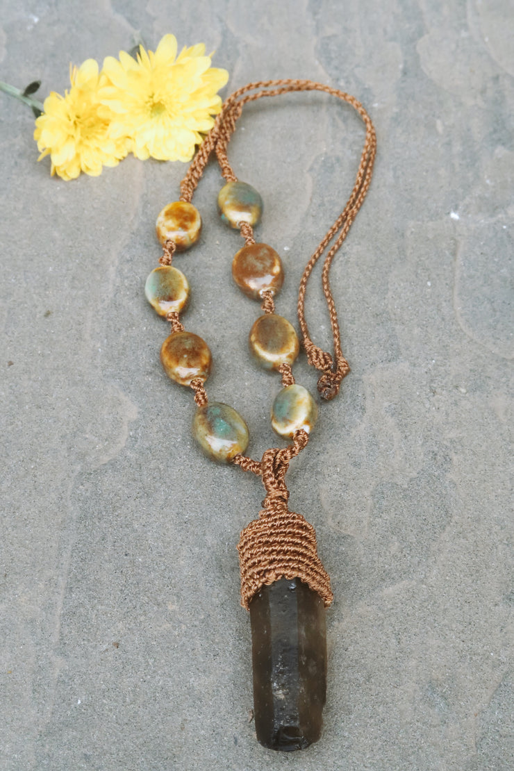 Smokey Quartz Micro Macrame Necklace in Brown