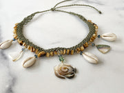 Abalone Sea Turtle and Cowrie Macrame Necklace