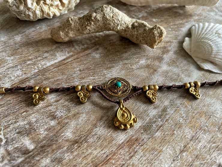 Turquoise and Brass Macrame Anklet