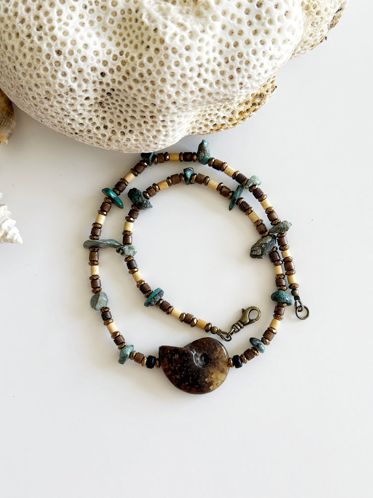 Fossilized Shell, Hematite, and Turquoise Necklace