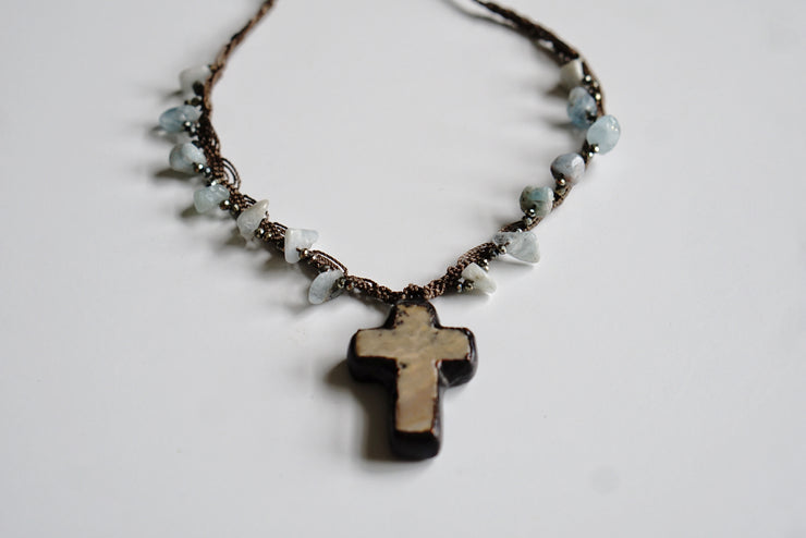 Natural Stone Cross Macrame Necklace