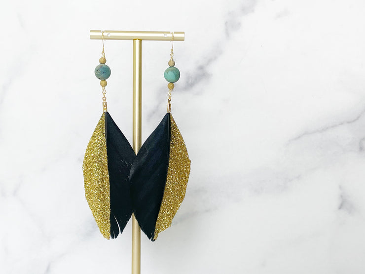 Boho Black and Gold Feather Earrings