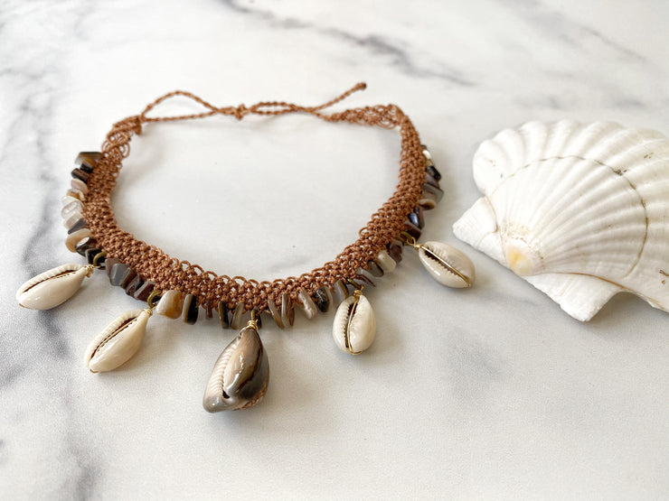 Cowrie and Natural Shell Chips Macrame Necklace