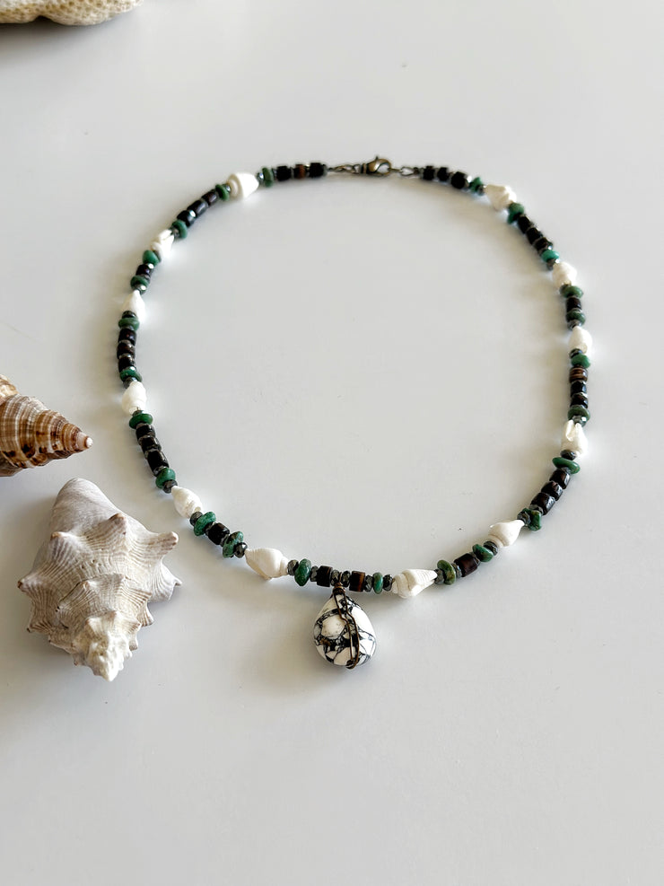 White Mosaic Turquoise and Shell Necklace