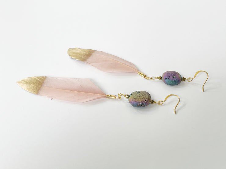 Boho Raw Druzy and Feather Earrings