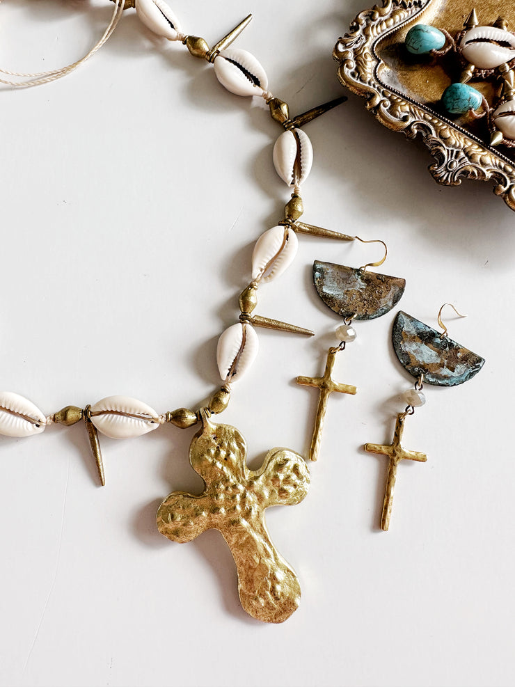 Brass and Cowrie Cross Necklaces