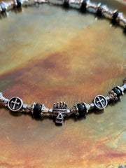 Silver Skull and Cross Necklace with Swarovski Pearls