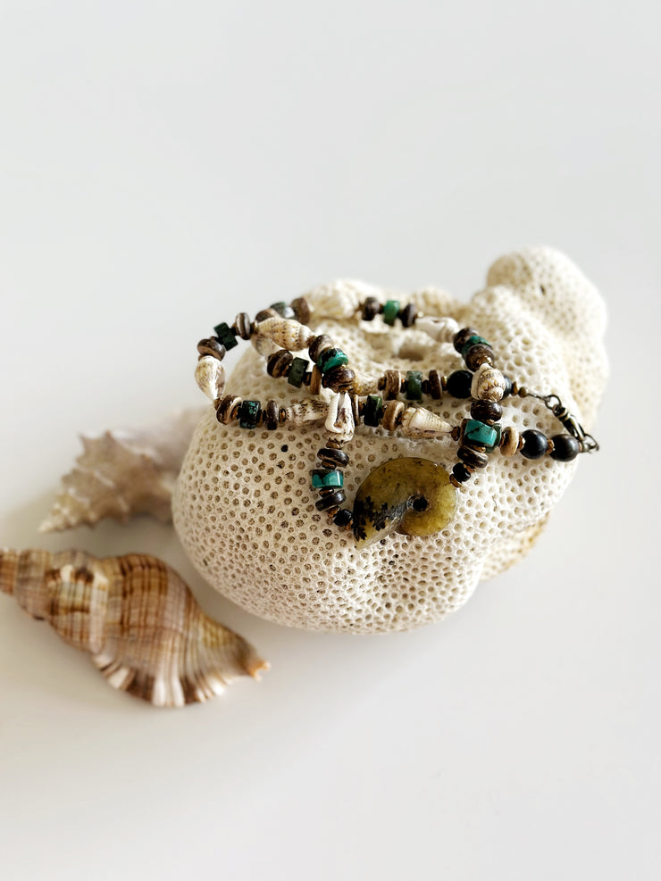 Fossilized Shell, Natural Seashell and Turquoise Necklace