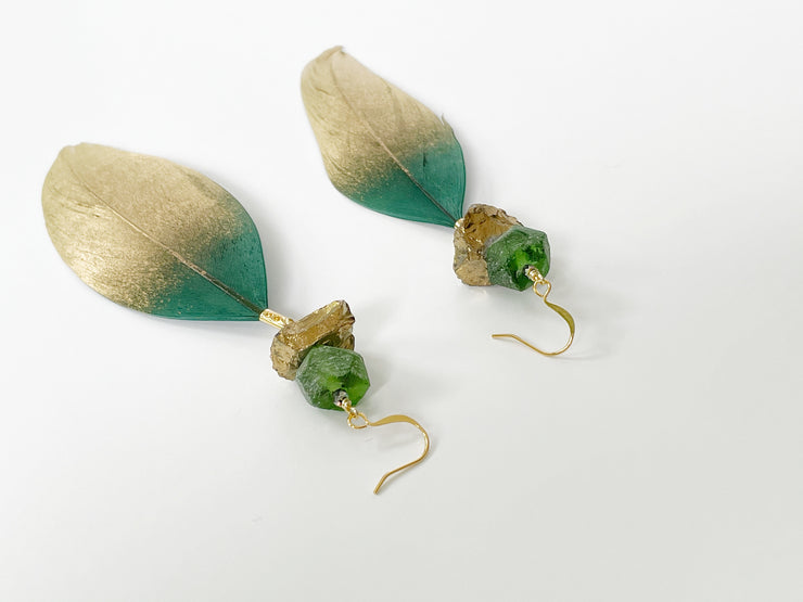 Gold Dipped Emerald Green Feather Earrings