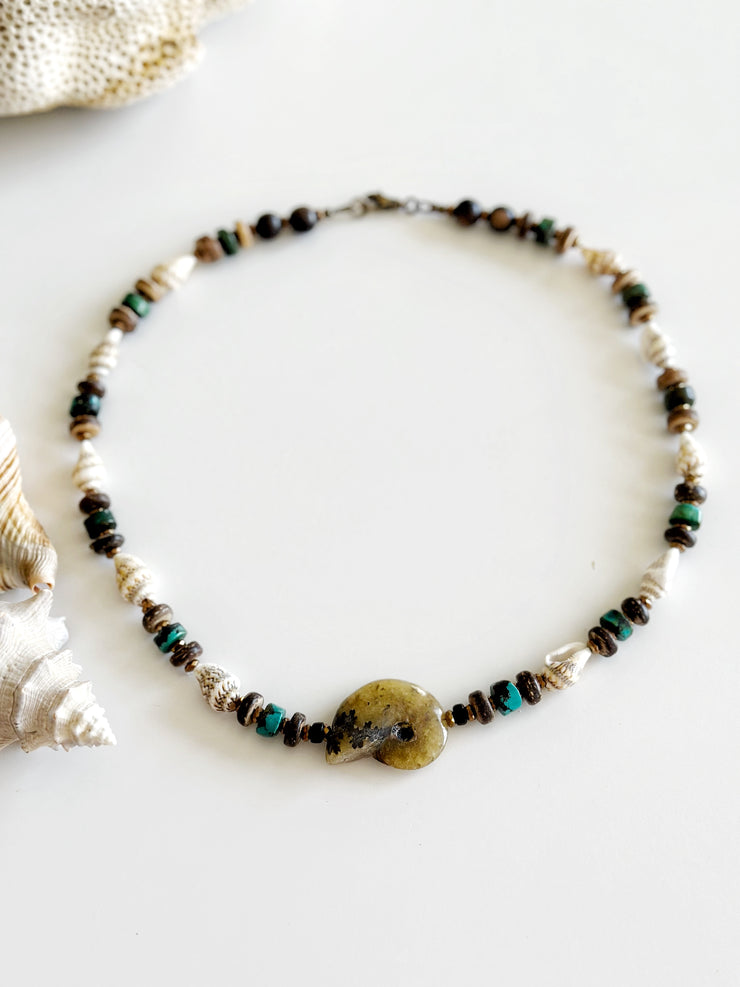 Fossilized Shell, Natural Seashell and Turquoise Necklace