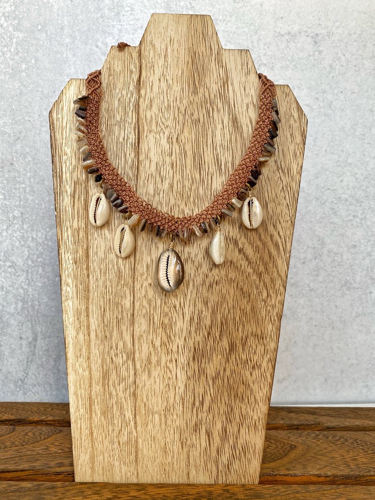 Cowrie and Natural Shell Chips Macrame Necklace