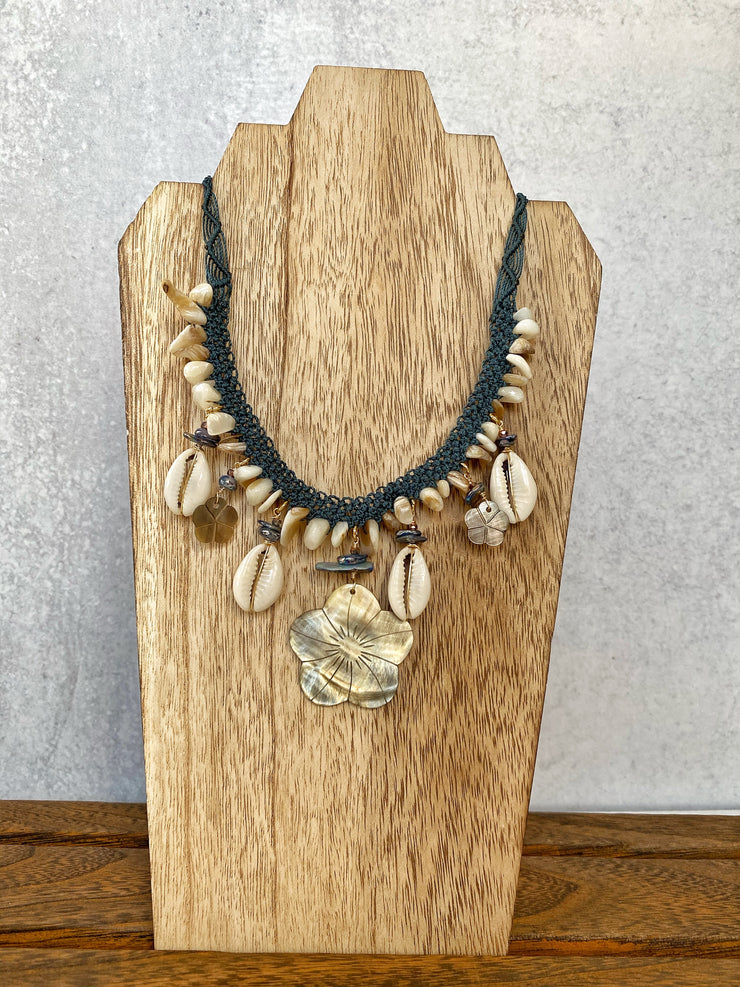 Black Lip Shell And Cowrie Macrame Necklace