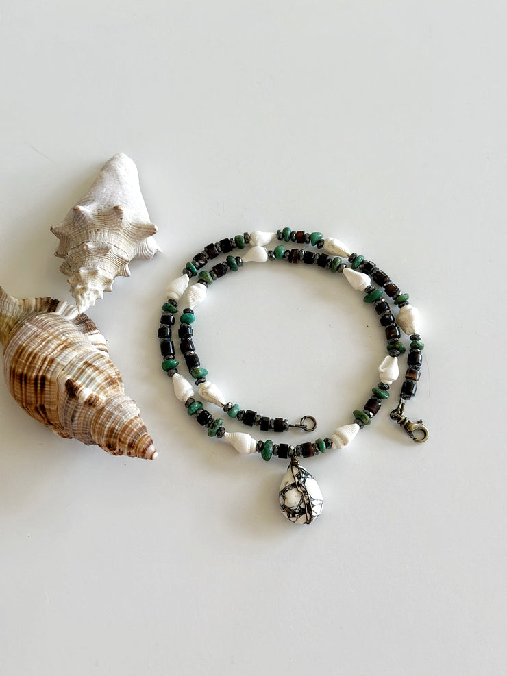 White Mosaic Turquoise and Shell Necklace