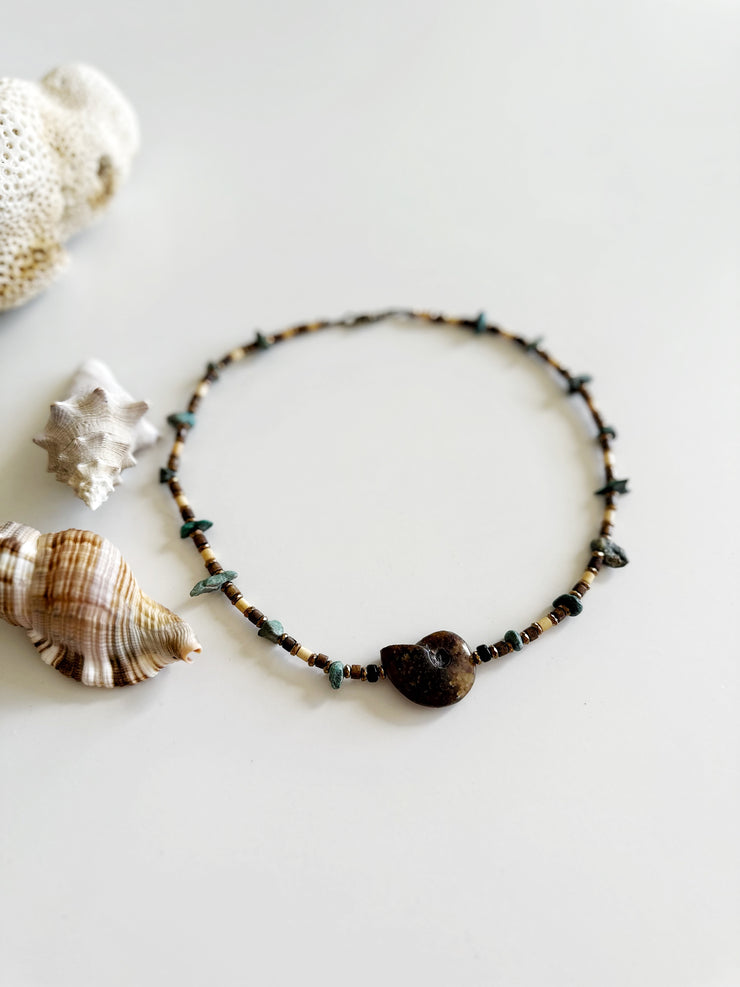 Fossilized Shell, Hematite, and Turquoise Necklace