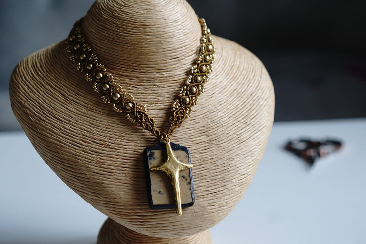 Natural Stone Brass Cross Macrame Necklace