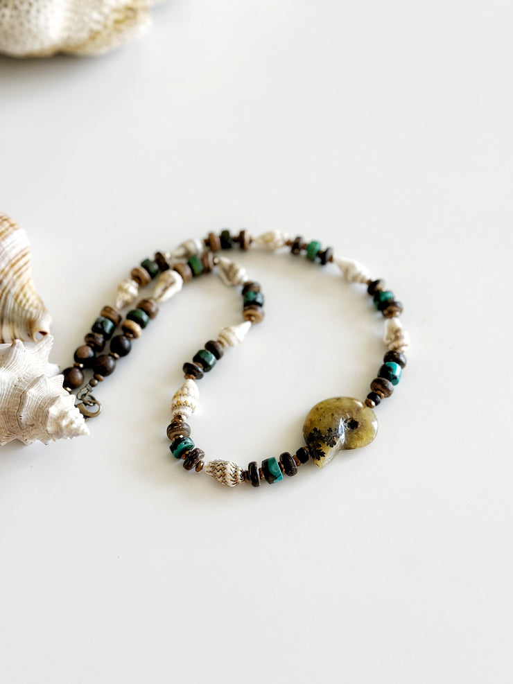 Fossilized Shell, Natural Seashell and Turquoise Necklace