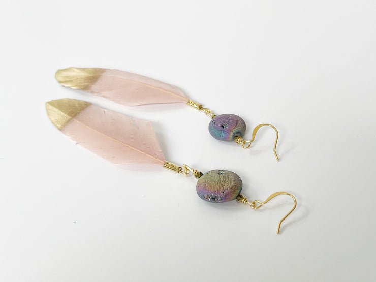 Boho Raw Druzy and Feather Earrings