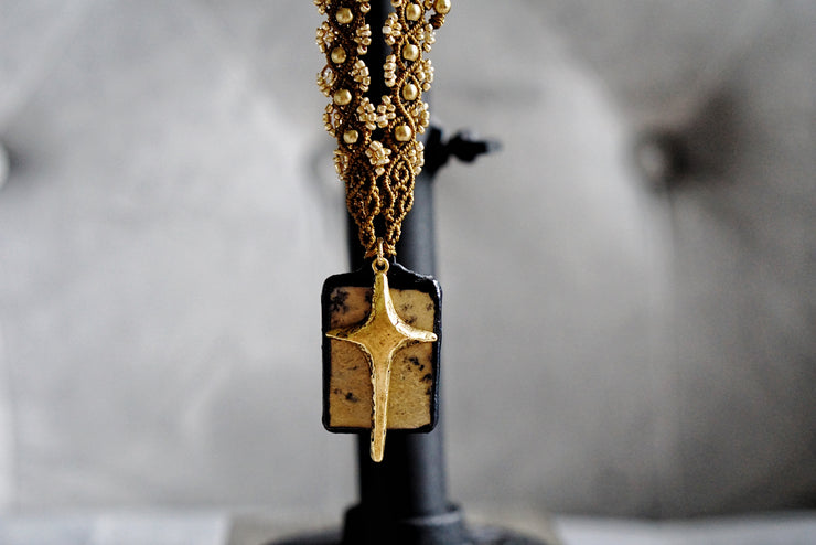 Natural Stone Brass Cross Macrame Necklace