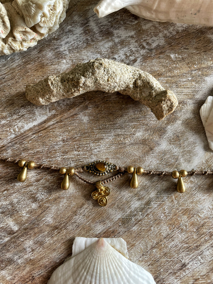 Tigers Eye and Brass Macrame Anklet