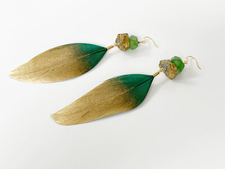 Gold Dipped Emerald Green Feather Earrings