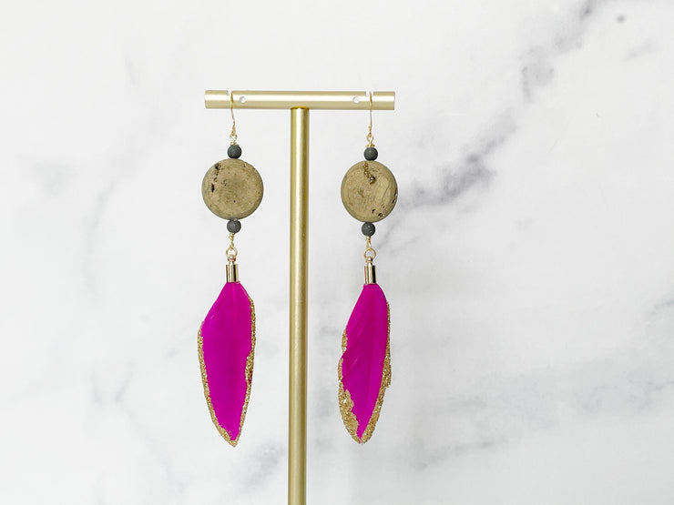 Boho Raw Druzy and Feather Earrings