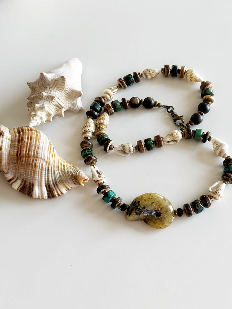 Fossilized Shell, Natural Seashell and Turquoise Necklace