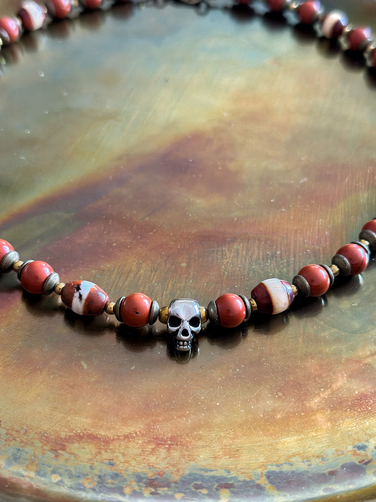 Skull Necklace with Red Jasper and Red Agate