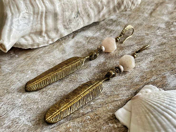 Morganite and Brass Feather Earrings