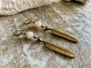 Morganite and Brass Feather Earrings