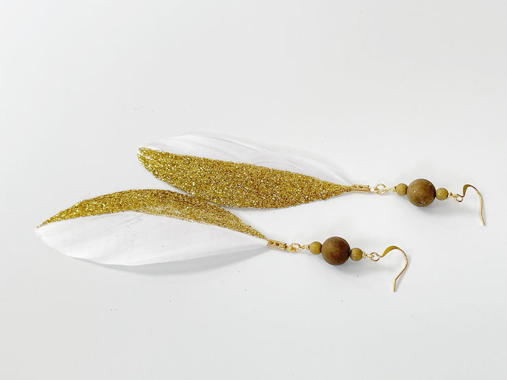 Boho White and Gold Feather Earrings