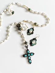 Hand Knotted Cowrie and Turquoise Cross Necklace