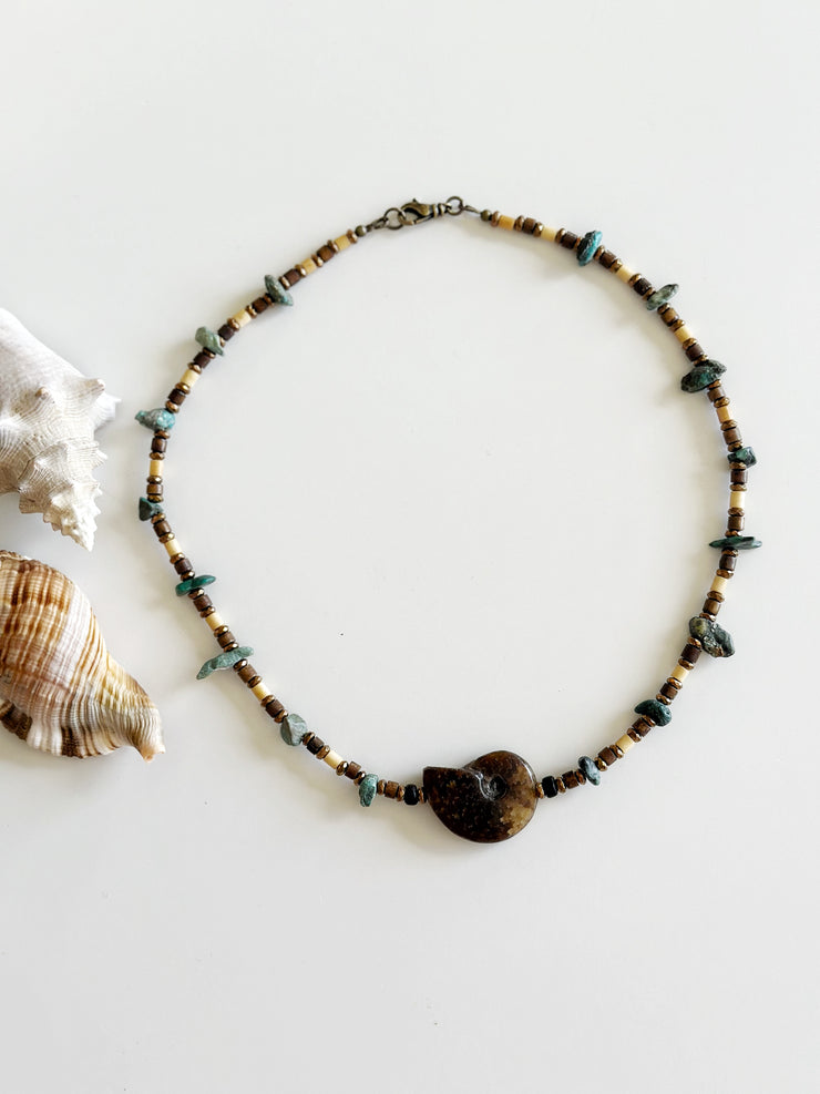 Fossilized Shell, Hematite, and Turquoise Necklace