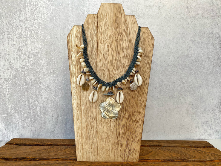 Black Lip Shell And Cowrie Macrame Necklace