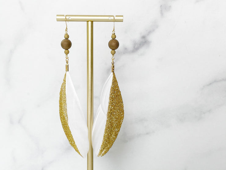 Boho White and Gold Feather Earrings