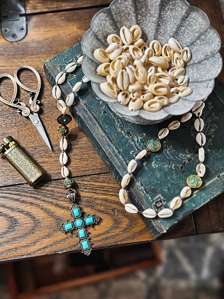 Hand Knotted Cowrie and Turquoise Cross Necklace