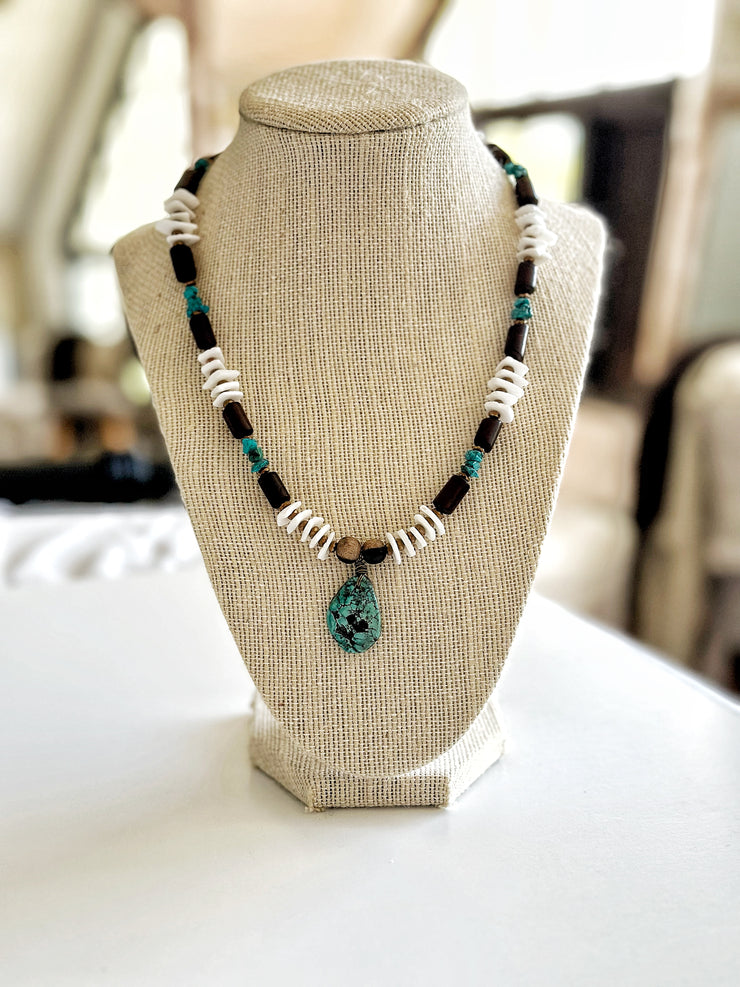 White Mosaic Turquoise and Shell Necklace