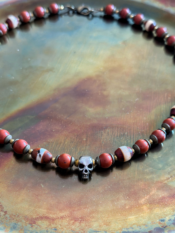 Skull Necklace with Red Jasper and Red Agate