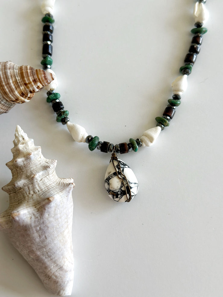 White Mosaic Turquoise and Shell Necklace