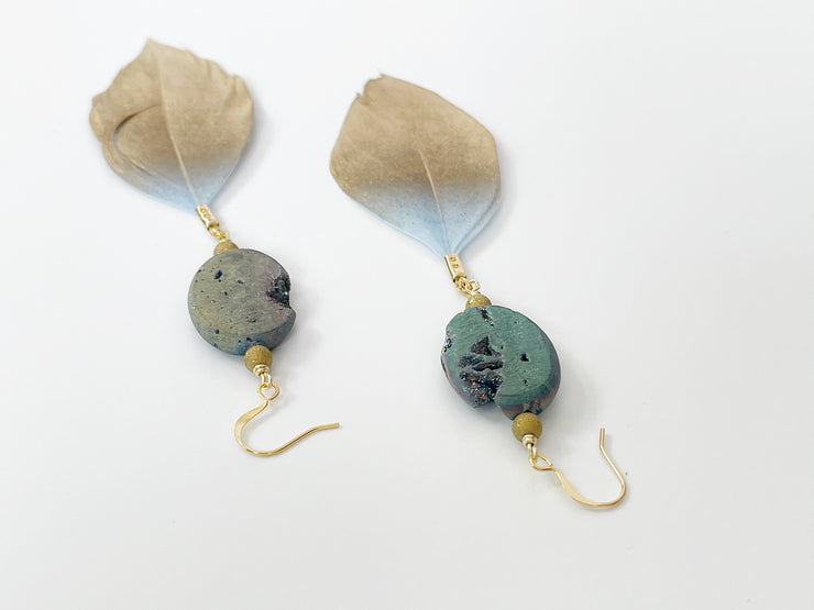 Boho Raw Druzy and Feather Earrings