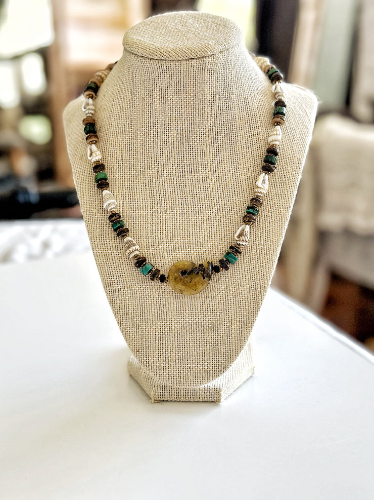 Fossilized Shell, Natural Seashell and Turquoise Necklace