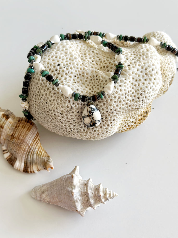 White Mosaic Turquoise and Shell Necklace