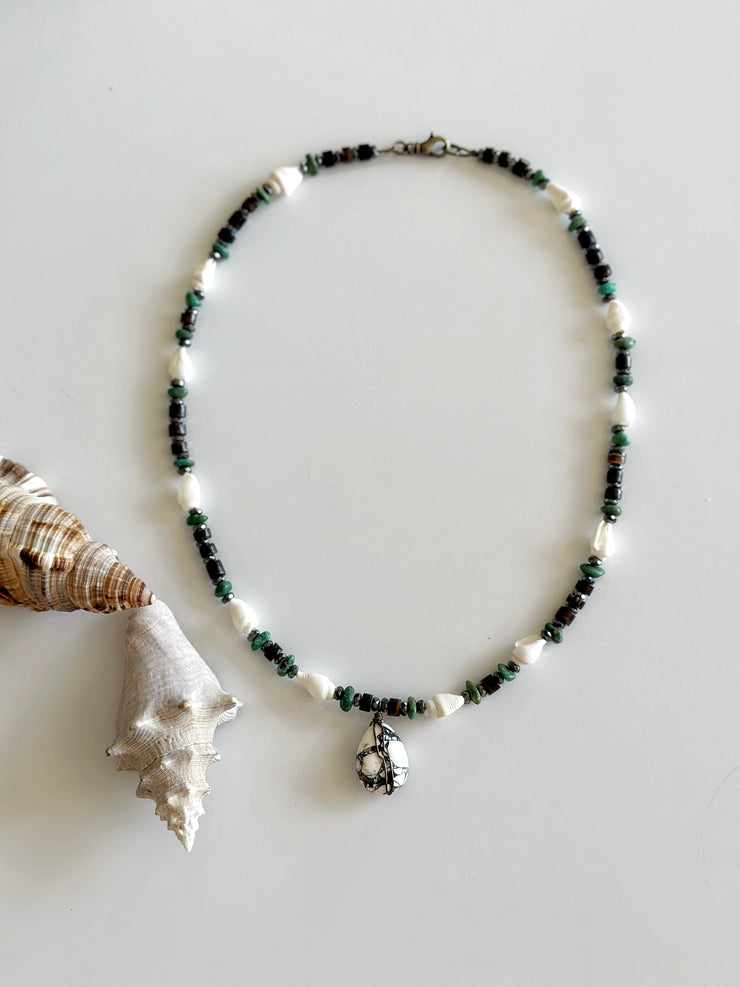 White Mosaic Turquoise and Shell Necklace