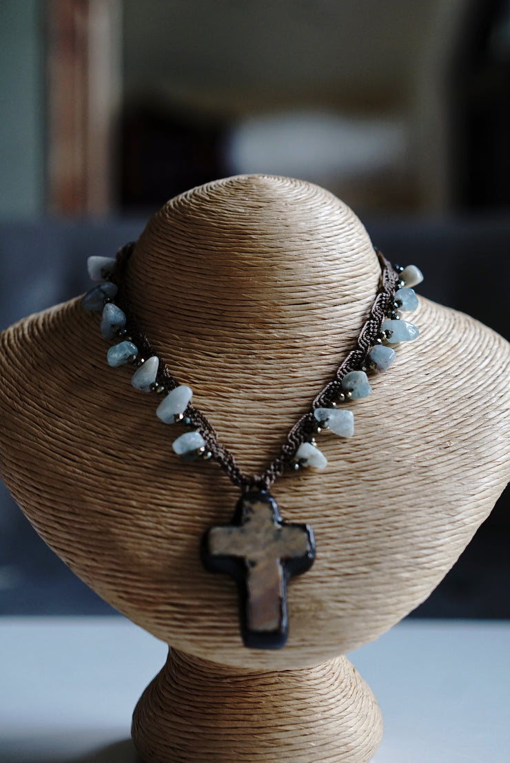 Natural Stone Cross Macrame Necklace