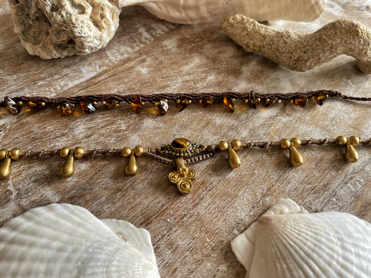 Tigers Eye and Brass Macrame Anklet