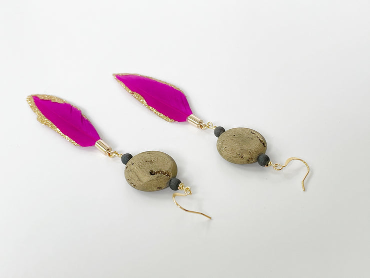 Boho Raw Druzy and Feather Earrings