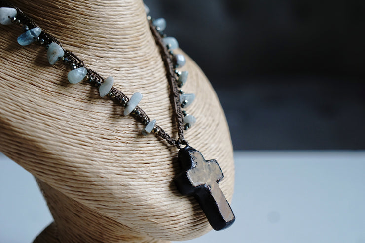 Natural Stone Cross Macrame Necklace