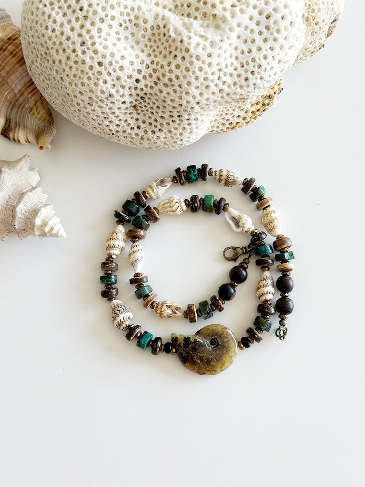 Fossilized Shell, Natural Seashell and Turquoise Necklace