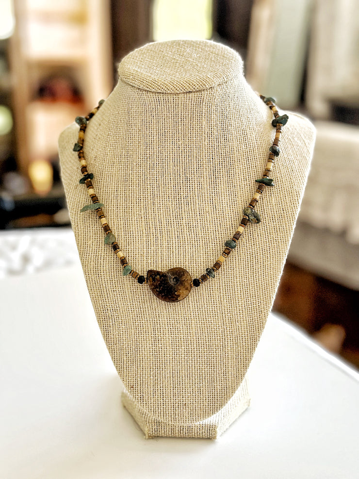 Fossilized Shell, Hematite, and Turquoise Necklace